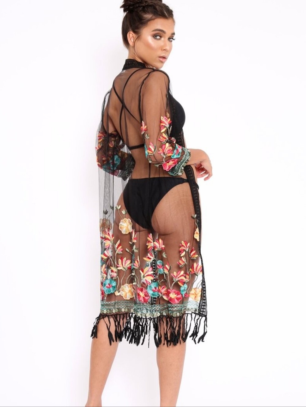 Betty Fashion Floral Embroidered Sheer Kimono Size XL Black Boho